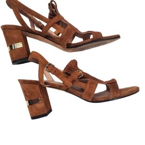 STUART WEITZMAN Fandangos Cognac Brown Block Heel Sling Back Sandals Sz 8.5